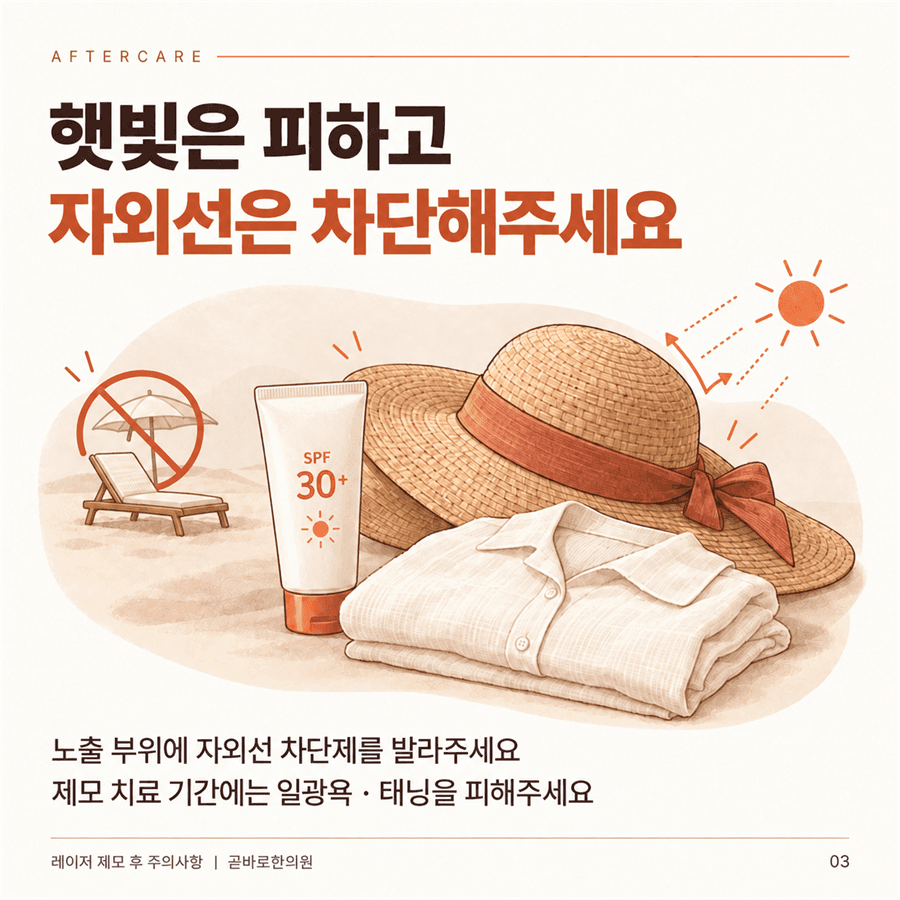 레이저 제모 부위를 햇빛에서 보호하고 SPF 30 이상 자외선 차단제를 바르라는 안내