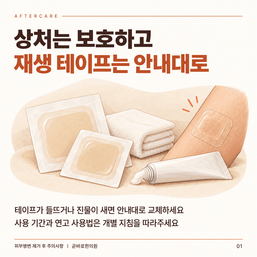 피부병변 제거 후 재생 테이프를 안내에 따라 유지하고 교체하는 방법
