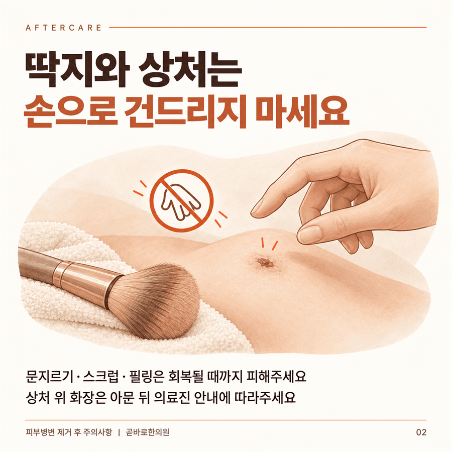 딱지와 상처를 손으로 건드리지 않고 문지르기와 스크럽을 피하라는 안내